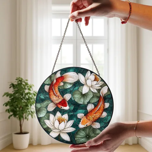 Vista 5 de Koi Pond Glass Suncatcher, Zen Inspired Window Decor Gift