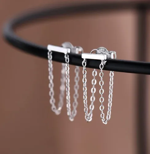 Vista 3 de Reffeer Solid 925 Sterling Silver Bar Tassel Chain Drop Earrings for Women Teens Bar Drop Earrings Minimalist Studs