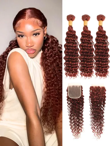 Vista 28 de Cabello Humano Rizado Castaño Rojizo, Trama Gruesa Castaño Cobrizo Rojo Coloreado Ondas Profundas Paquetes Individuales Cabello Humano 12A Tejido