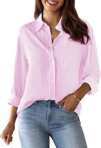 Vista 26 de Siliteelon - Camisas de botones para mujer, camisa de vestir a rayas de algodón, de manga larga, cuello con solapa, para oficina y trabajo