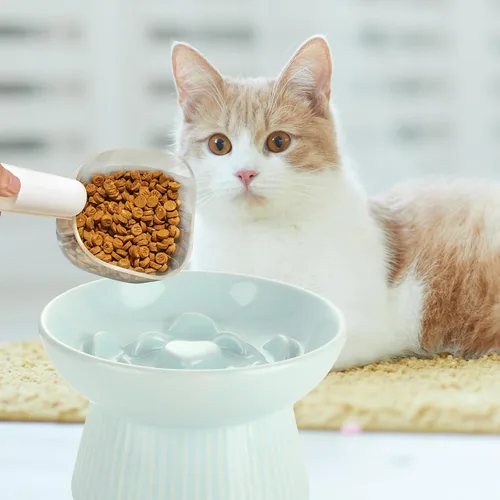 Vista 5 de ABuff Paquete de 2 comederos lentos elevados para gatos, plato elevado de alimentación lenta para gatos y perros pequeños, cuenco de cerámica