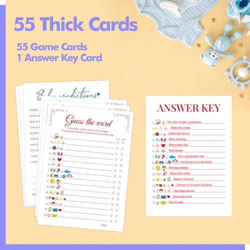 Vista 4 de 55 piezas de juegos de baby shower, tarjetas de predicciones y adivina la frase con respuestas incluidas, juegos de baby shower divertidos de género
