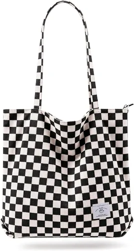 Vista 10 de KALIDI Bolsa Tote de Pana para Mujer con Cremallera Bolsa de Mano Casual Tote Bolsa de Hombro de Gran Capacidad con Bolsillos 1 negro y 1 blanco.