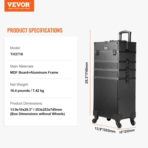Vista 7 de VEVOR Makeup Train Case Professional Makeup Storage Organizer Box Make Up Carrier for Women and Girls