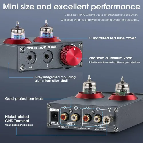 Vista 7 de Douk Audio T4 PRO Preamplificador de Fono de Tubo de Vacío, Preamplificador de Tocadiscos MM, GE5654 Amplificador de Auriculares Hi-Fi para Cine
