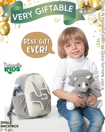 Vista 2 de Naturally KIDS Mochila para niños pequeños, Pequeño de 10 "h Triceratops Grey, 10.0 in H Small