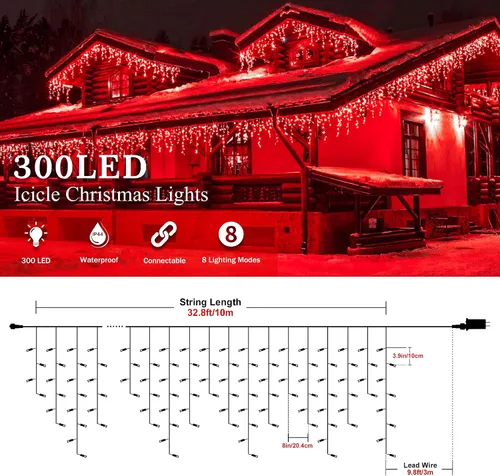 Vista 2 de Luces de Navidad para exteriores Luces de Carámbano 300 LED, 33 pies, 8 modos, luces de cadena colgantes de hadas conectables con enchufe de 30 V