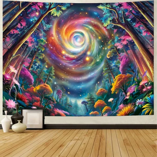 Vista 4 de Tushelia Tapiz espacial de galaxia con luz negra, tapiz reactivo a los rayos UV, tapiz de árbol de bosque con plantas florales, tapiz que brilla