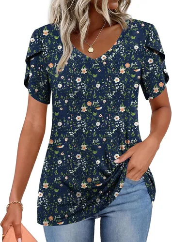 Vista 24 de CATHY 2025 - Blusas de verano para mujer, con mangas cortas, cuello en V, estilo túnica, tallas S-4XL Talla B