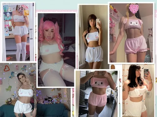 Vista 6 de BZB Conjunto de pijama kawaii de anime para mujer, traje de dormir de terciopelo dulce y encantador, top tubo y pantalones cortos