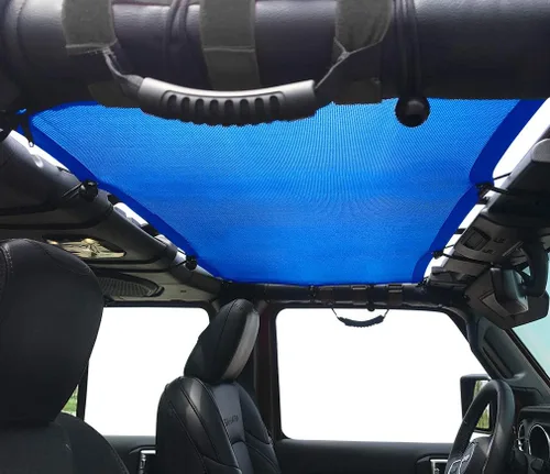 Vista 2 de Shadeidea - Parasol para capota de automóvil, parte delantera, funda de malla de color azul, bloqueador ultravioleta con bolsa de transporte