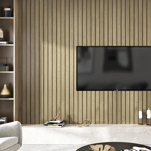 Vista 2 de Papel tapiz de listones de madera marrón claro, paneles de madera autoadhesivos, papel tapiz de rayas de grano de madera sintético, papel de 1