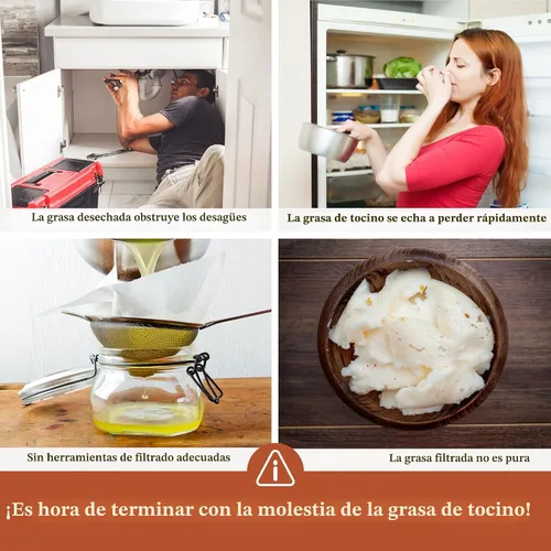 Vista 2 de Recipiente para grasa de tocino con colador - Con espátula de silicona de grado alimenticio de 24oz, recipiente rústico de grasa esmaltado