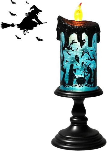 Vista 13 de Vela sin llama de Halloween, globo de nieve, funciona con pilas con temporizador de 6 horas, calcomanía de araña de luz verde, lámpara de tornado