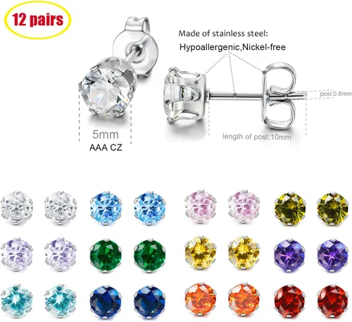 Vista 2 de LOYALLOOK 12 pares de aretes de acero inoxidable con circonita cúbica redonda de corte brillante para mujer, Piedra Diamante Circonita cúbica Piedra