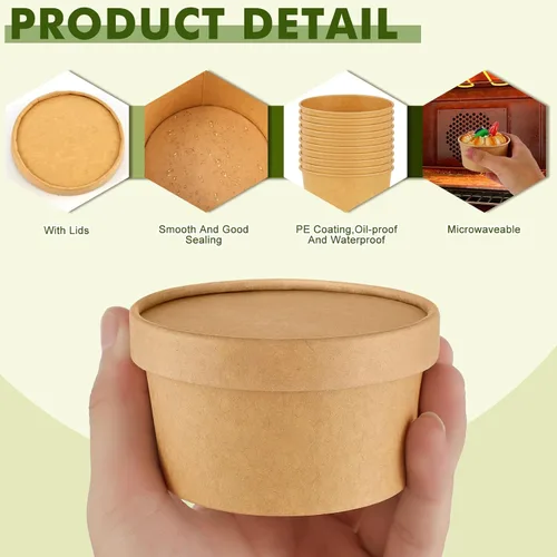 Vista 3 de Paquete de 100 recipientes de papel de 4 onzas para sopa con tapas ventiladas, recipientes desechables para alimentos, tazas de helado de estraza