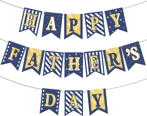 Vista 16 de Pancarta dorada con texto en inglés «Happy Father's Day» para el Día del Padre, decoración de fiesta del padre, guirnalda de fondo para el día