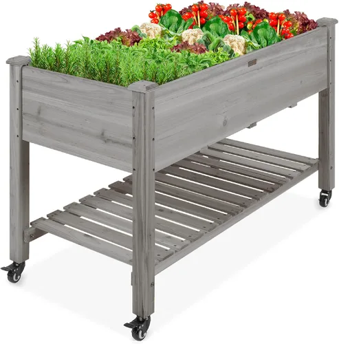 Vista 11 de Best Choice Products Cama de jardín elevada de 48 x 24 x 32 pulgadas, maceta móvil de madera elevada con ruedas bloqueables, estante