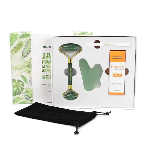 Vista 3 de NEUTRIHERBS Jade Gua Sha y rodillo facial y suero de vitamina C Set de herramientas faciales (kit 3 en 1), masajeador facial casero para arrugas