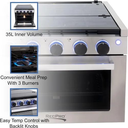 Vista 7 de Estufa RecPro RV Negra Rango de gas de 17" de alto Tres quemadores de 6500 y 8000 BTU Horno de 7100 BTU con capacidad de 1.24 pies cúbicos