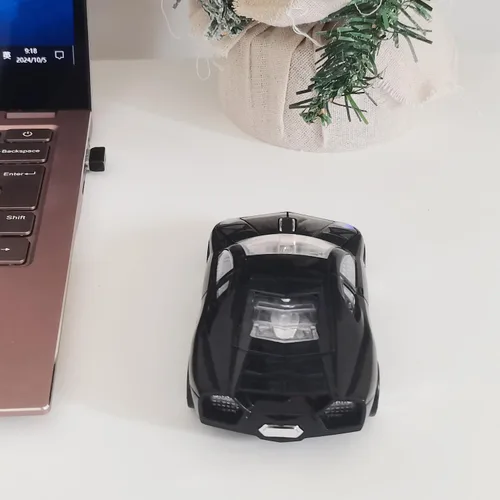 Vista 5 de Ratón inalámbrico, ratón deportivo para automóvil con faros LED, receptor USB, mouse inalámbrico en forma de coche para computadoras, laptop, Mac