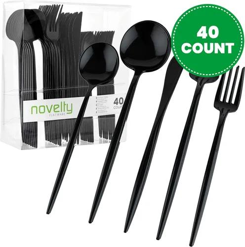 Vista 2 de Juego de cubiertos modernos de plástico PLASTICPRO (negro, 40 piezas)