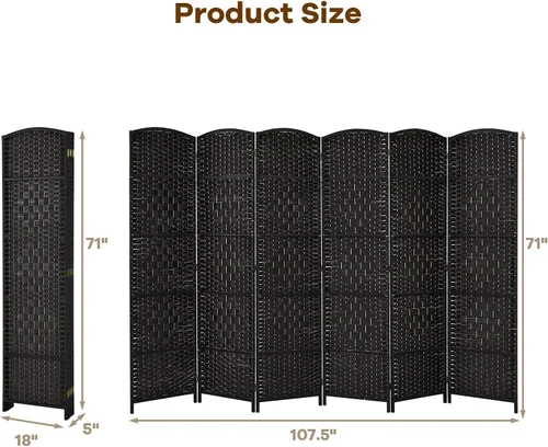 Vista 7 de Giantex Divisor de habitación de 6 paneles de 6 pies de alto, panel divisor de madera independiente con fibra de papel tejida a mano, separadores