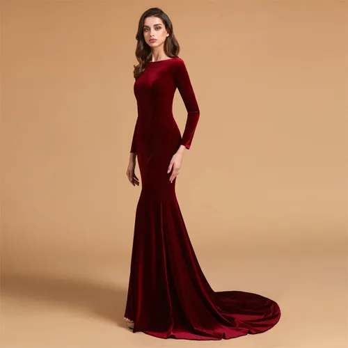 Vista 3 de Joya Cuello Terciopelo Manga Larga Vestidos de baile de Noche Vestidos de Fiesta de Tren Corte de Sirena Vestidos de Fiesta Formal Cremallera Atrás