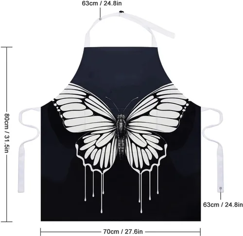 Vista 2 de MUSM A Black And White Butterfly Apron，Classic Vintage Funny with Pockets Aprons,Adjustable Bib Waterdrop Resistant for Kitchen Cooking Restaurant