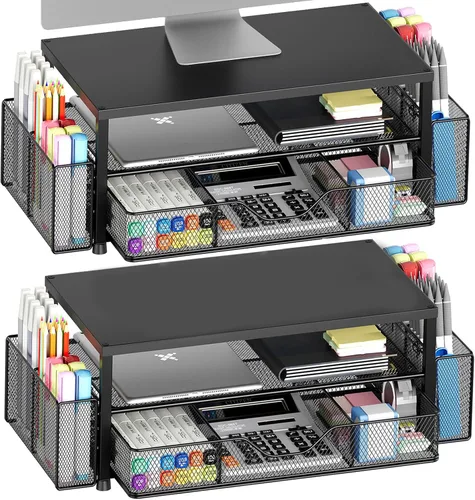 Vista 15 de OPNICE Soporte elevador de monitor doble con cajón y 2 soportes para bolígrafos, organizador de escritorio para suministros de oficina, soporte