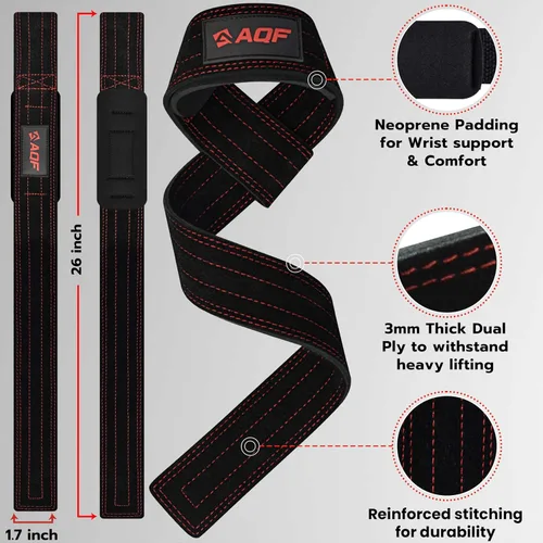 Vista 2 de AQF Leather Weight Lifting Straps, Heavy Duty Wrist Strap for Powerlifting Negro
