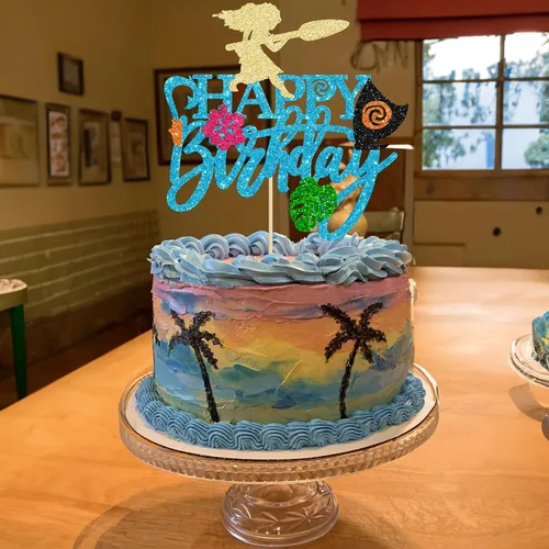 Vista 4 de Gyufise 1 pieza de decoración para pastel de cumpleaños Moana con purpurina de hoja de palma, flor de moana para pastel tropical hawaiano Luau, baby