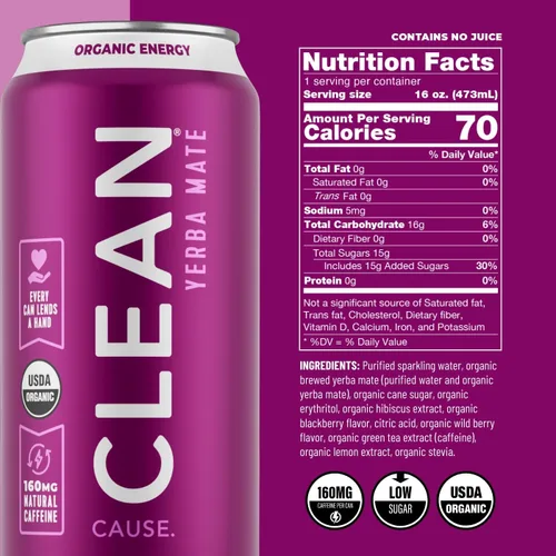 Vista 2 de Gaseosa de yerba mate de mora, orgánica, baja en calorías y azúcar (160 mg de cafeína), latas de 16 onzas, paquete de 12 unidades – CLEAN Cause – El
