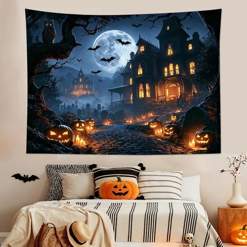 Vista 28 de LB Tapiz espeluznante de cementerio de Halloween, lápida aterradora con árboles muertos, tapiz de bosque para colgar en la pared, tapiz de fondo