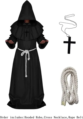 Vista 3 de Disfraz de monje renacentista medieval con capucha tipo Fraile, disfraz de cosplay.