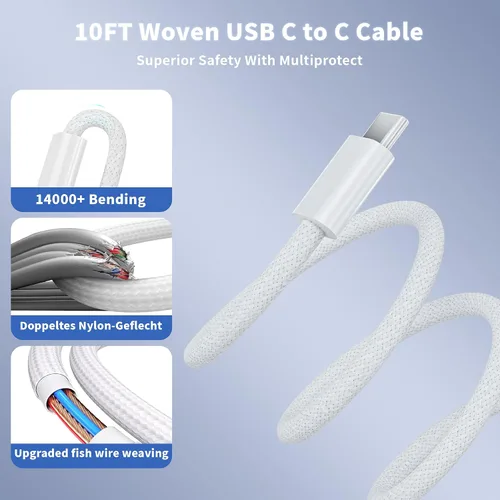 Vista 11 de Cargador de carga rápida para iPhone 17 16 15 Pro Max de 10 pies, 40 W, paquete de 2 4 puertos PD y AC, cable de carga rápida USB C a C de 10 pies