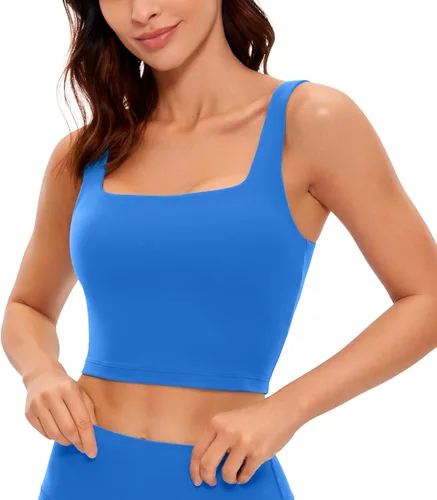Vista 23 de CRZ YOGA Butterluxe Square Neck Crop Tank Top Brasier integrado, soporte ligero, almohadillas extraíbles, yoga, extremadamente suave, tirantes