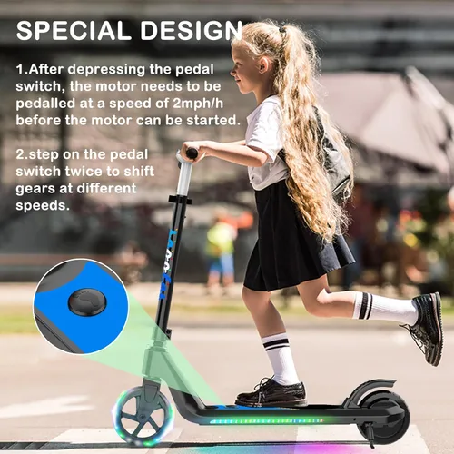 Vista 5 de LINGTENG Patinete Eléctrico para Niños de 6 a 10 Años, Patinete de Impulso con Arranque por Patada con Velocidad y Altura Ajustables, Rueda Luminosa