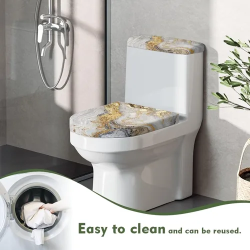 Vista 5 de Funda de asiento de inodoro de mármol blanco dorado para baño, cubierta de tapa de tanque de inodoro suave, 2 piezas, fundas de inodoro con tela