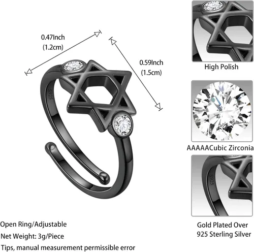 Vista 68 de Jewmon Anillo de plata de ley con estrella de David para mujer – Anillo ajustable Magen David – Amuleto Wicca – Regalos judíos