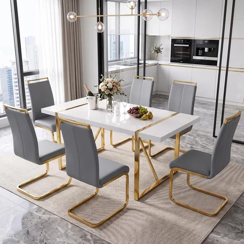 Vista 7 de Conjunto de mesa de comedor blanco Ebullient para 4, mesa rectangular de MDF y sillas de comedor de cuero sintético negro, juego de mesa de comedor