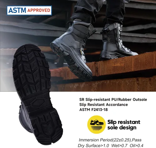 Vista 3 de Botas tácticas militares para hombre de 8 pulgadas con punta de acero, botas de seguridad para el trabajo con cremallera lateral, botas de combate