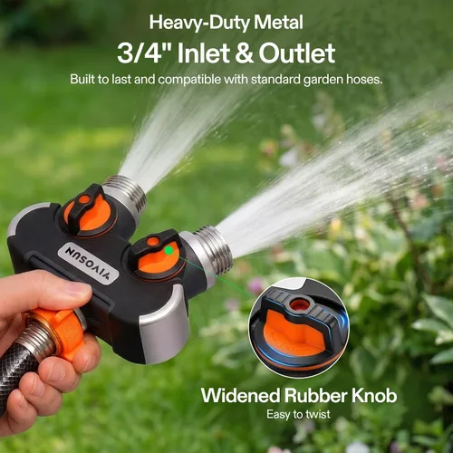Vista 4 de VIVOSUN Divisor de manguera de jardín de 2 vías resistente, conector de manguera de agua de doble vía mejorado altamente duradero, adaptador
