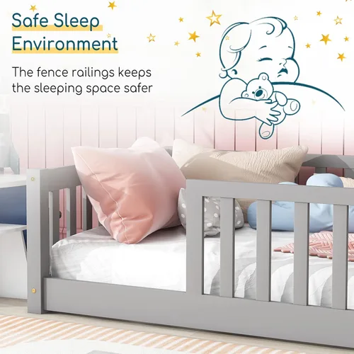 Vista 3 de Tatub Cama de suelo individual con barandillas de seguridad y puerta y listones, marco de cama Montessori de madera para niños y niñas, tamaño Gris