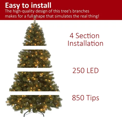 Vista 5 de Árbol de Navidad preiluminado de 6.5 pies, árbol de Navidad artificial con 250 luces LED, soporte de metal de 850 puntas y ramas con bisagras