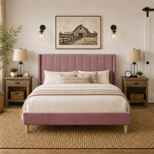 Vista 20 de Upholstered Bed Frame with Wingback Headboard and Wood Slats (Beige-Linen, Twin)