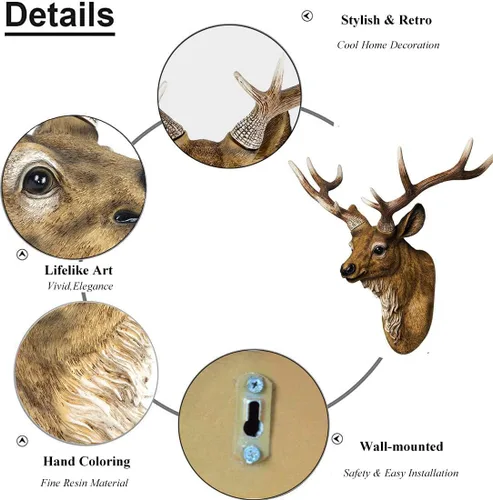 Vista 2 de RTGGSEL Adorno de pared retro de ciervo sintético para montaje en pared, diseño de taxidermia de resina, adorno de cabeza de animal falsa