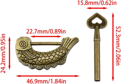 Vista 4 de Candado retro en forma de pez con forma de pez de bronce, cerradura vintage con patrón de pescado con llave para joyero, maleta de madera, cajones