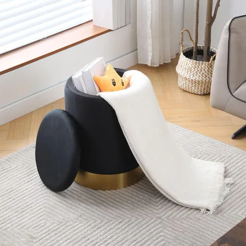 Vista 4 de Otomán de Terciopelo con Almacenamiento Reposapiés Multiusos Taburete con Base de Metal Taburete Redondo Moderno para Tocador Silla Otomán