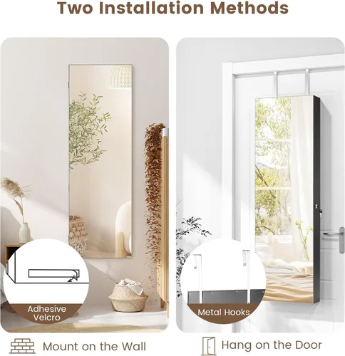 Vista 2 de COSTWAY Armario de joyería con espejo LED, espejo de longitud completa con almacenamiento de joyas, organizador de joyas colgante con cerradura